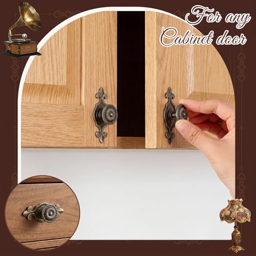10 Pcs Antique Brass Cabinet Knobs Vintage Retro Drawer Knobs with Backplate Flower Shape Metal Dresser Pull Handles for Kitchen Cupboard Wardrobe Cabinet(Sunburst) - style: Sunburst
