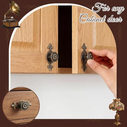 10 Pcs Antique Brass Cabinet Knobs Vintage Retro Drawer Knobs with Backplate Flower Shape Metal Dresser Pull Handles for Kitchen Cupboard Wardrobe Cabinet(Sunburst) - style: Sunburst