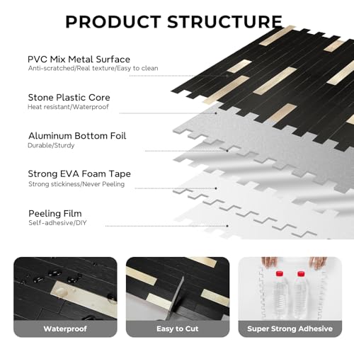 STICKGOO Peel and Stick Backsplash Tile, Stick on Backsplash for Kitchen and Bathroom, Black Mixed Gold Metal Composite Self Adhesive Wall Tiles(10 Sheets) - color: Black Mixed Gold Metal