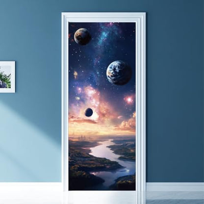 arricraft 2 Sheets Planet Self-Adhesive Door Sticker, 31.5x78.7inch Milky Way Starry Sky Door Murals Stickers PVC Removable Wallpaper Decoration for Bedrooms Living Room - style: Planet