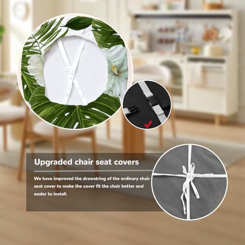 Chair Seat Covers - Waterproof Stretch Printed Dining Room Chair Cover with Elastic Ties Removable Washable Dining Upholstered Chairs Protector (White-Green, Four-Piece Set) - color: White-green, size: Four-piece set