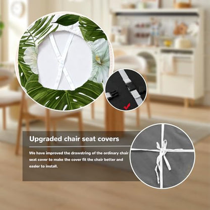 Chair Seat Covers - Waterproof Stretch Printed Dining Room Chair Cover with Elastic Ties Removable Washable Dining Upholstered Chairs Protector (White-Green, Four-Piece Set) - color: White-green, size: Four-piece set