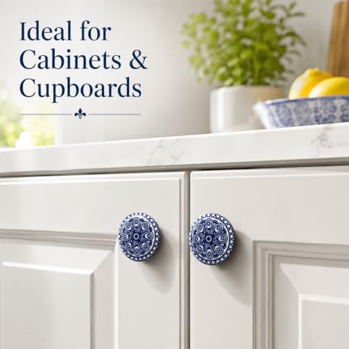 Ajuny 12 Blue Ceramic Cabinet Knobs, Printed Drawer Pull Handles Set