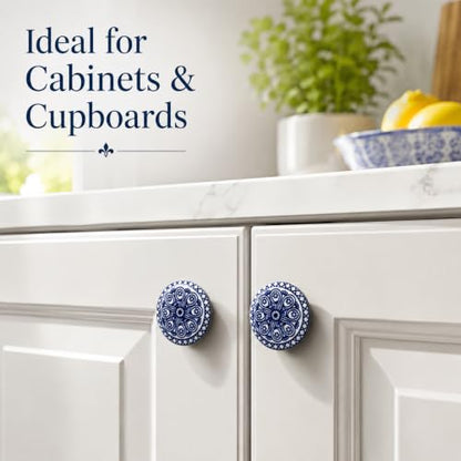 Ajuny 12 Blue Ceramic Cabinet Knobs, Printed Drawer Pull Handles Set