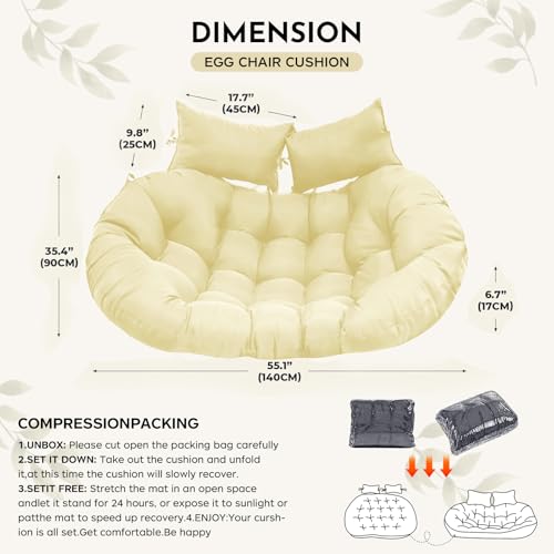 Outdoor Double Egg Chair Cushion Replacement Waterproof Thickened Cotton Hanging Basket Egg Chair Cushion 55x35 Inch Universal Fit for Patio Wicker Swing Chair (Biege) (Cushion ONLY) - color: Biege
