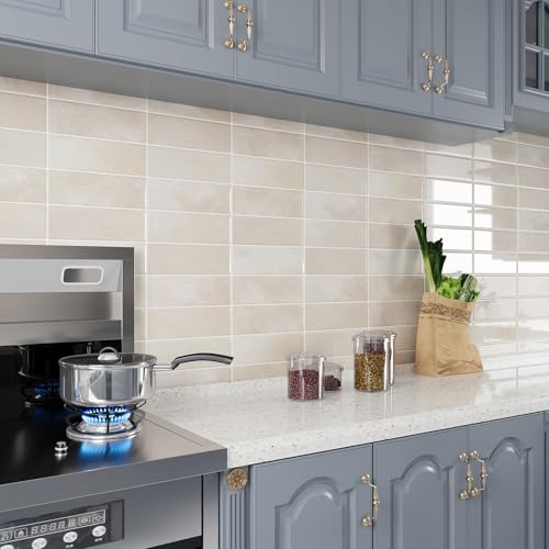 VEELIKE Beige Peel and Stick Backsplash Rectangular Subway Back Splash Stick on Tiles for Kitchen 6 Sheet 12''x12'' Self Adhesive Renter Friendly Backsplash Wall Tile Stickers for Bathroom Powder Room - size: Box of 6 Tiles