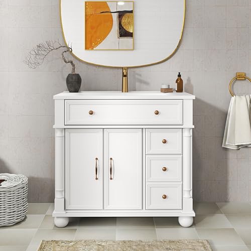 Bathroom Vanity Cabinet with Sink, White, 35.6 x 18.7 x 34 in