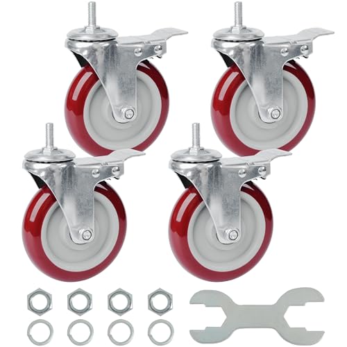 Finnhomy Swivel Caster Wheels 5 Inch Threaded Stem Casters Set of 4 Heavy Duty 3/8"-16 x 1 with Brake Polyurethane Industrial Locking Castors Wheels for Cart/Furniture 2200 Lbs Smooth Casters, Red - style: 5 inch