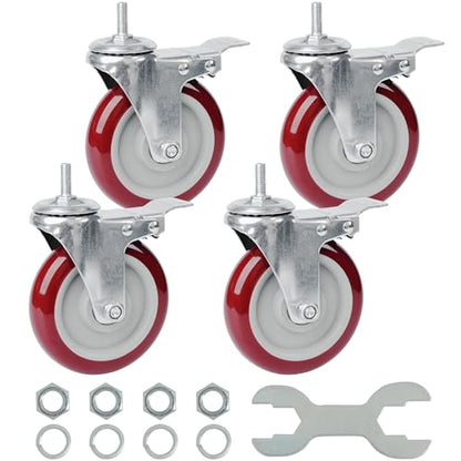 Finnhomy Swivel Caster Wheels 5 Inch Threaded Stem Casters Set of 4 Heavy Duty 3/8"-16 x 1 with Brake Polyurethane Industrial Locking Castors Wheels for Cart/Furniture 2200 Lbs Smooth Casters, Red - style: 5 inch