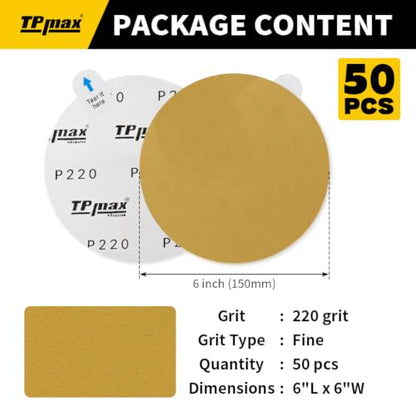 TPmax 6-Inch 220-Grit Gold PSA Sanding Discs, 50 Pack – Pro-Grade Self-Adhesive Stickyback Sandpaper with Quick-Release Tabs for DA Sander, Fine Automotive/Wood/Metal Sanding - style: 220 Grit