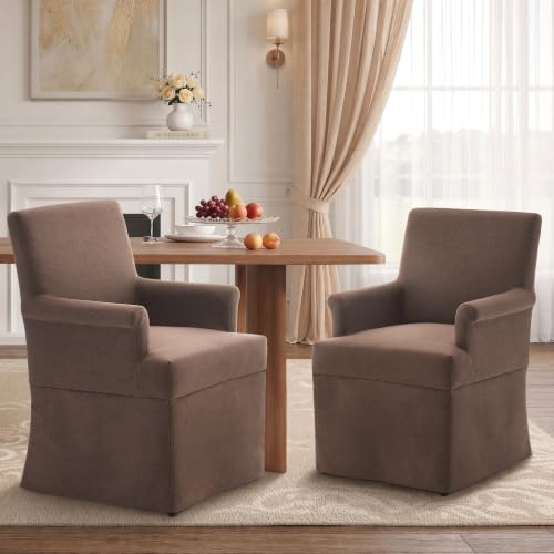 Arm Dining Chair Fabric Long Skirt Slipcovered High Back Upholstered Dinner - color: Brown, size: 2 PCS