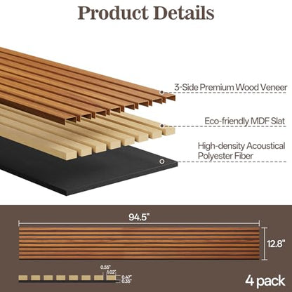 4 Pack Acoustic Wood Panels for Wall 94.48" x 12.79" Soundproof - color: Teak, size: 94" x 12" (4 PCs)