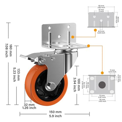 4" L-Shaped Caster Wheels Set of 4, Side Mount Swivel Casters - size: 4 inch
