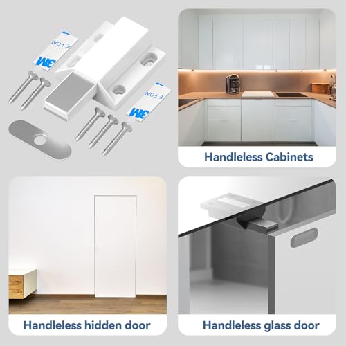 Tonitrui Magnetic Push Latches Without Nail Installation, Push to Open Door Latch, Magnetic Touch Latches, Kitchen Door Push Release Latch for Cabinet Door Closure and Popping Open (White 4 Pack)