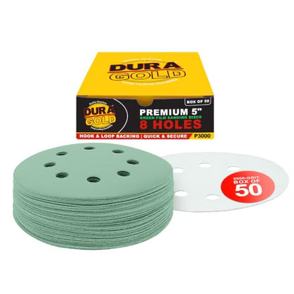 Dura-Gold 5" Green Film Sandpaper Discs, 3000 Grit, 8 Hole Pattern 50 Discs - size: 3000-Grit - Green Film