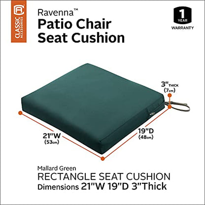 Classic Accessories Ravenna Water-Resistant 21 x 19 x 3 Inch Patio Seat Cushion, Mallard Green, Chair Seat Cushion - color: Mallard Green, size: 21"W x 19"D x 3"Thick