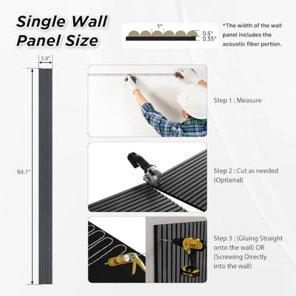 SMARTSTANDARD Wood Fluted Acoustic Wall Panels, 94x5.9in, 6 Pcs, Black Oak - color: Black Oak
