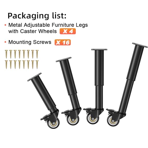 Wlrrcwdttc 7-12 inch Metal Adjustable Furniture Legs with 2.36 inch Swivel Caster Wheels for Cabinet/Sofa/Bed/Dresser/Couch/Coffee Table,Heavy Duty Replacement Support Legs with Caster Wheels Set of 4