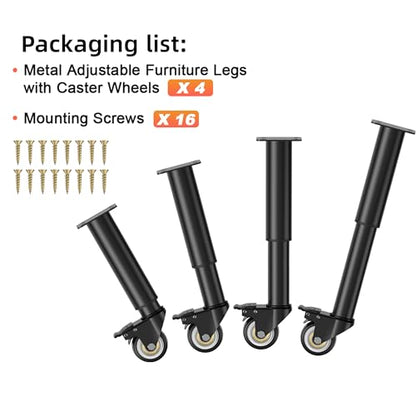 Wlrrcwdttc 7-12 inch Metal Adjustable Furniture Legs with 2.36 inch Swivel Caster Wheels for Cabinet/Sofa/Bed/Dresser/Couch/Coffee Table,Heavy Duty Replacement Support Legs with Caster Wheels Set of 4