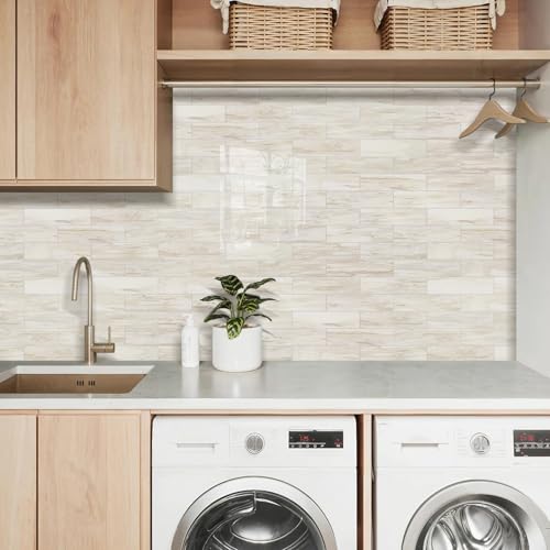 Vamos Tile Peel and Stick Backsplash, Glossy 40-Piece 3''x12'' Subway Tile - color: Eurasian Wood Grain with White Grout