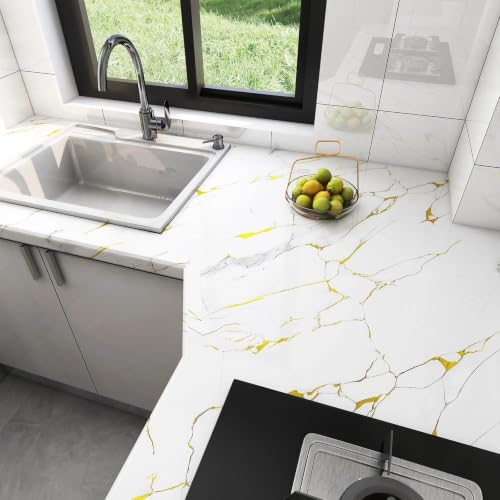 White Gold Marble Contact Paper 15.7"X472.4" Peel and Stick Wallpaper - color: White Gold, size: 15.7" x 236"
