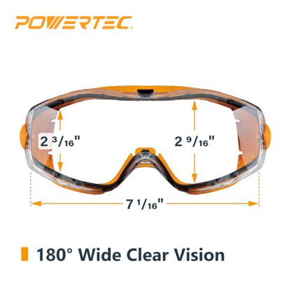 POWERTEC Safety Goggles, Scratch Proof UV Protection Anti-fog Safety Goggles, Chemical Splash Protective Eyewear W/Adjustable Headband for Woodworking, Mowing, Construction (71563)