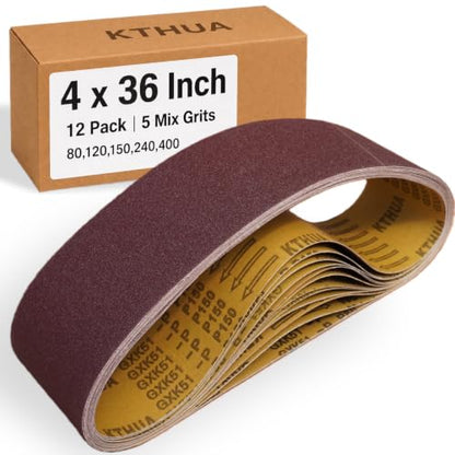 4x36 Sanding Belts, 12 Pack, Aluminum Oxide, 80/120/150/240/400 Grit - size: 4 x 36 in, 12-Pack