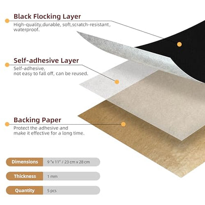 5PCS Self Adhesive Felt Sheet - Black Felt Sheets with Adhesive Backing for Drawer/Jewelry Box Liner (9" x 11") - color: Black, size: 9"W x 11"L / 5 pieces