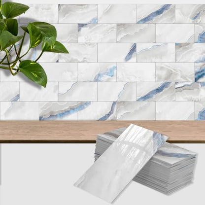 32 Sheets Blue Agate Marble Peel & Stick Subway Tile 4"x8" - color: Blue Agate Marble, size: 32 Pcs 4" x 8" x 0.07"