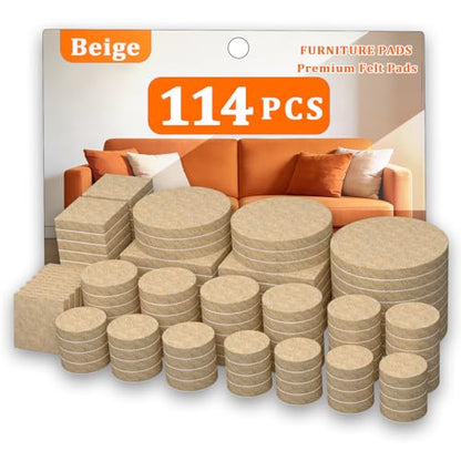 Felt Furniture Pads 114 PCS, 7 Sizes, Felt Pads for Chair Legs, Suitable for Round and Square Chair Legs, to Prevent Scratches, Reduce Noise and Protect the Floor (Beige)