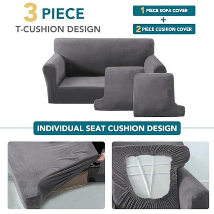 Turquoize Sofa Cover 3 Piece T Cushion Loveseat Covers for 2 Cushion Couch Thick Velvet Couch Cover Stretch Furniture Covers with 2 Individual T Cushion Covers, Washable (2 Cushion Loveseat, Gray) - color: Grey, size: Loveseat (2 Cushion)