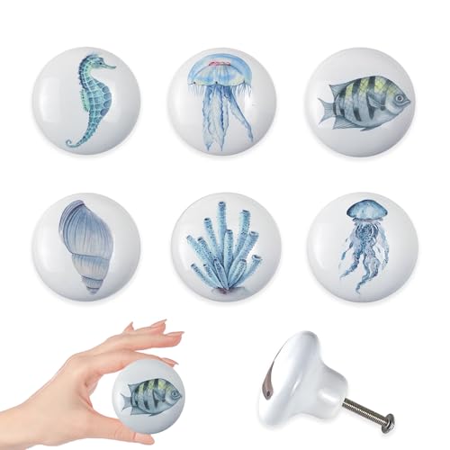 Set of 6 Ceramic Unique Fun Fish Coastal Beach Themed Cabinet Dresser Knobs Drawer Pulls Octopus Door Handle 1.5 X 1.5 Inches - size: coral
