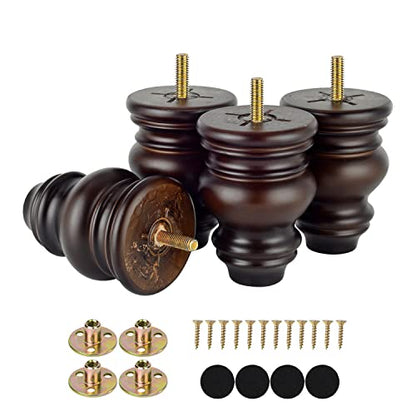 Michanco 4 Inch Wood Furniture Legs Set of 4 Wooden Bun Feet for Couch Sofa Ottoman Mid Century M8 Bolt Screw in - color: 4 Inch Espresso