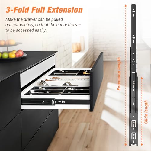 Drawer Slides Ball Bearing 3 Folds Full Extension Side Mount Cabinet Runners Glides Rails Track 100 Lbs Load 10 12 14 16 18 20 22 24 Inch Black(Black-Basic- 1 Pr,16 Inch) - color: Black-Basic, size: 16 Inch