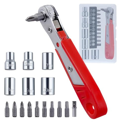 17 PCS Right Angle Ratcheting Screwdriver Set, 90 Degree Offset Screwdriver for Tight Spaces, 36-Tooth Reversible Mini Ratchet Set with 1/4" Phillips/Pozidriv/Slotted/Torx Bits and Sockets