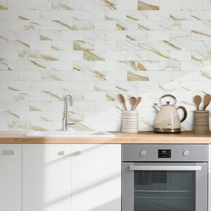 AULIGET 100-Piece Calacatta Gold Marble Look Peel and Stick Backsplash Wall Tiles, 3" x 6" Faxu Stone PVC Stick on Tile for Backsplash Kitchen, Bathroom, Laundry Room, Camper, Fireplace - color: Calacatta Gold