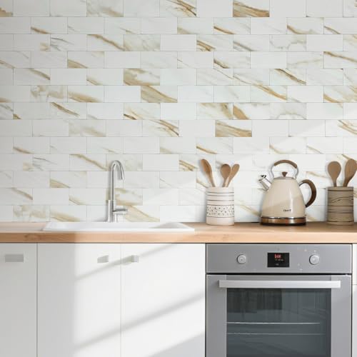 AULIGET 100-Piece Calacatta Gold Marble Look Peel and Stick Backsplash Wall Tiles, 3" x 6" Faxu Stone PVC Stick on Tile for Backsplash Kitchen, Bathroom, Laundry Room, Camper, Fireplace - color: Calacatta Gold