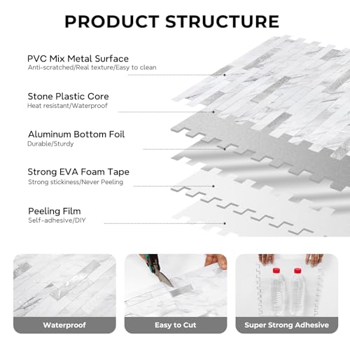 STICKGOO Peel and Stick Backsplash Tile, Stick on Backsplash for Kitchen and Bathroom, Volakas White Look PVC Mixed Metal Silver Self Adhesive Wall Tiles(10 Sheets) - color: Volakas White with Metal Silver