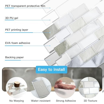 Art3d 10-Pack Subway Peel and Stick Backsplash, Beige & White, 12 x 12 Inch - color: Beige & White