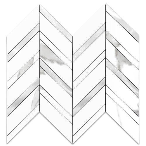 Yipscazo 10 Sheets Herringbone Peel and Stick Backsplash, Marble White Mixed Metal Silver PVC Stick on Tiles for Kitchen, Waterproof Self Adhesive Wall Tiles for Bathroom - color: Marble White