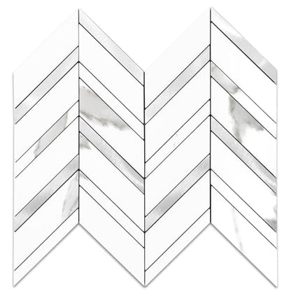 Yipscazo 10 Sheets Herringbone Peel and Stick Backsplash, Marble White Mixed Metal Silver PVC Stick on Tiles for Kitchen, Waterproof Self Adhesive Wall Tiles for Bathroom - color: Marble White