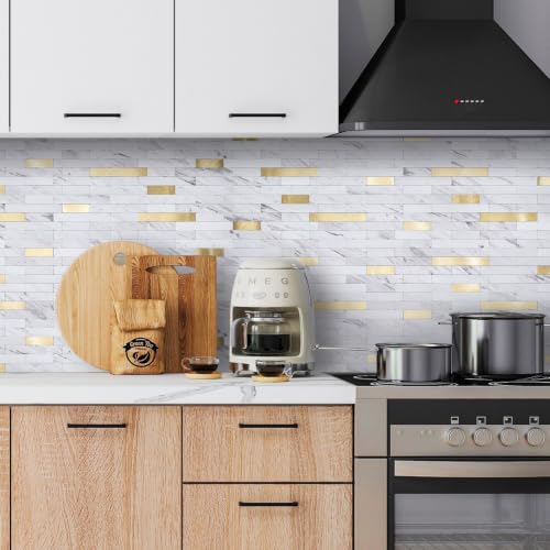 Peel and Stick Backsplash Tile Waterproof Removable PVC Wall Sticker 3D Faux Stone Marble Brick White Accent Panels (American Walnut - Metal Gold, 40 Tiles - 18 sq. ft. (1.68 m²)) - color: American Walnut - Metal Gold, size: 40 Tiles - 18 sq. ft. (1.68 m²