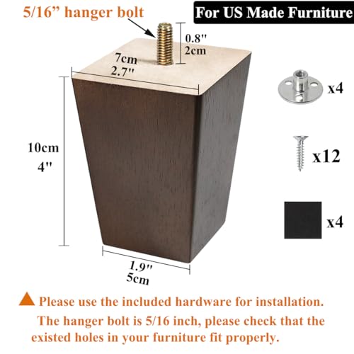4 inch Wood Furniture Legs Sofa Legs Set of 6 Square Couch Legs Mid-Century Modern Replacement Legs for Armchair,Recliner, Dresser, Sideboard - size: 4 inch (6pcs) Standard (With hanger bolt)