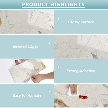 Vamos Tile Peel & Stick Backsplash on Subway Tile,22-Pack 6''x12'',Glossy - color: Gold Veining Pandora Marble with White Grout