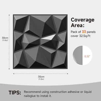 INMOZATA 3D Wall Panels, Diamond Textured PVC Accent Wall Panels - color: B_Black