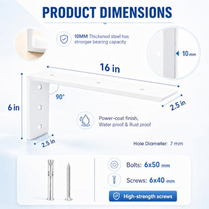 WINKER Countertop Support Bracket 2 Pack Heavy Duty 3/8" Thick Hidden L Shelf Bracket 16" x 6" x 2.5" Metal Corbels for Quartz/Granite/Wood/Concrete/Laminate Countertops, White - size: 16″x6″x2.5″-3/8" thick, style: White-2Pack