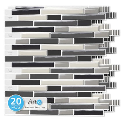 Art3d Linear Subway Design Peel and Stick Backsplash, 20-Pack, Black & Gray - color: Black & Gray