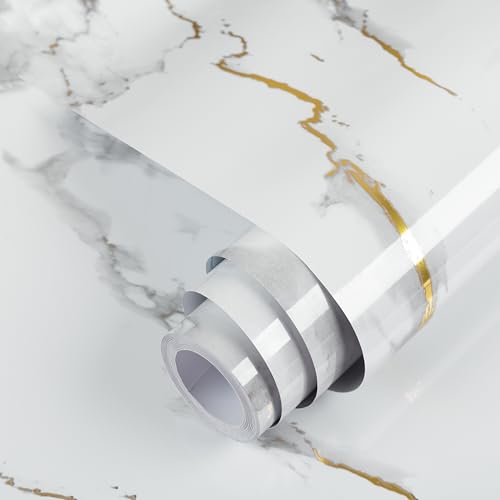 Marble Contact Paper Gold Peel and Stick Wallpaper for Kitchen Countertop - color: Gold/White, size: 17.7" x 78.7"