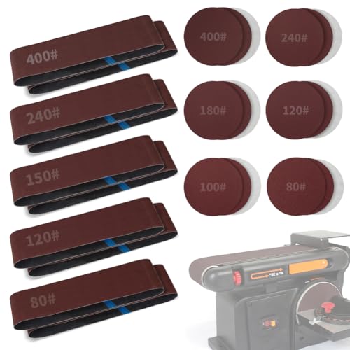 Sanding Belts & PSA Sanding Discs Set - 10 Pack 4x36 Inch Aluminum Oxide Belts (80/120/150/240/400 Grit) and 18 Pack 6-Inch Self-Adhesive Discs (80/100/120/180/240/400 Grit) for Wood, Metal Polishing - style: 4x36 in belts + 6 in PSA discs