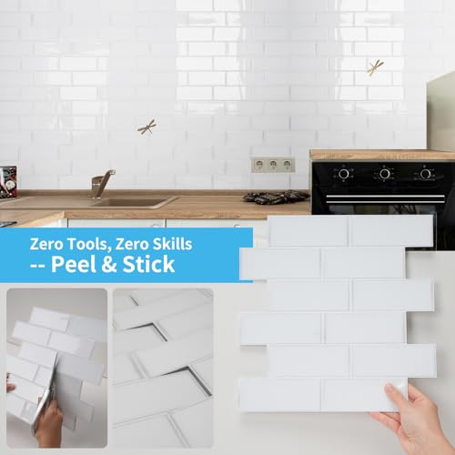 Art3d Subway Design Wall Tile, Peel and Stick Backsplash, 10-Pack, White - color: White